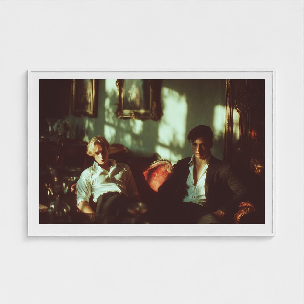 Two Men on Red Sofa in Atmospheric Window Light