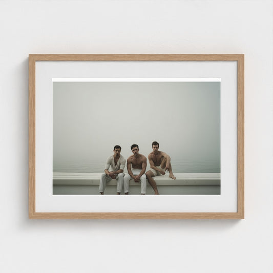 Three Men in Fog, Minimal Portrait on White Ledge