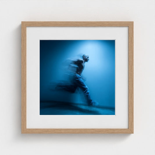 Dynamic Motion Portrait in Soft Blue Denim Tones