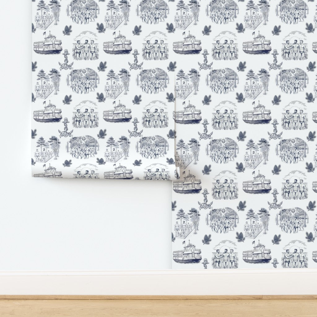Swatch sample of coastal toile wallpaper featuring maritime scenes and boardwalk paths.