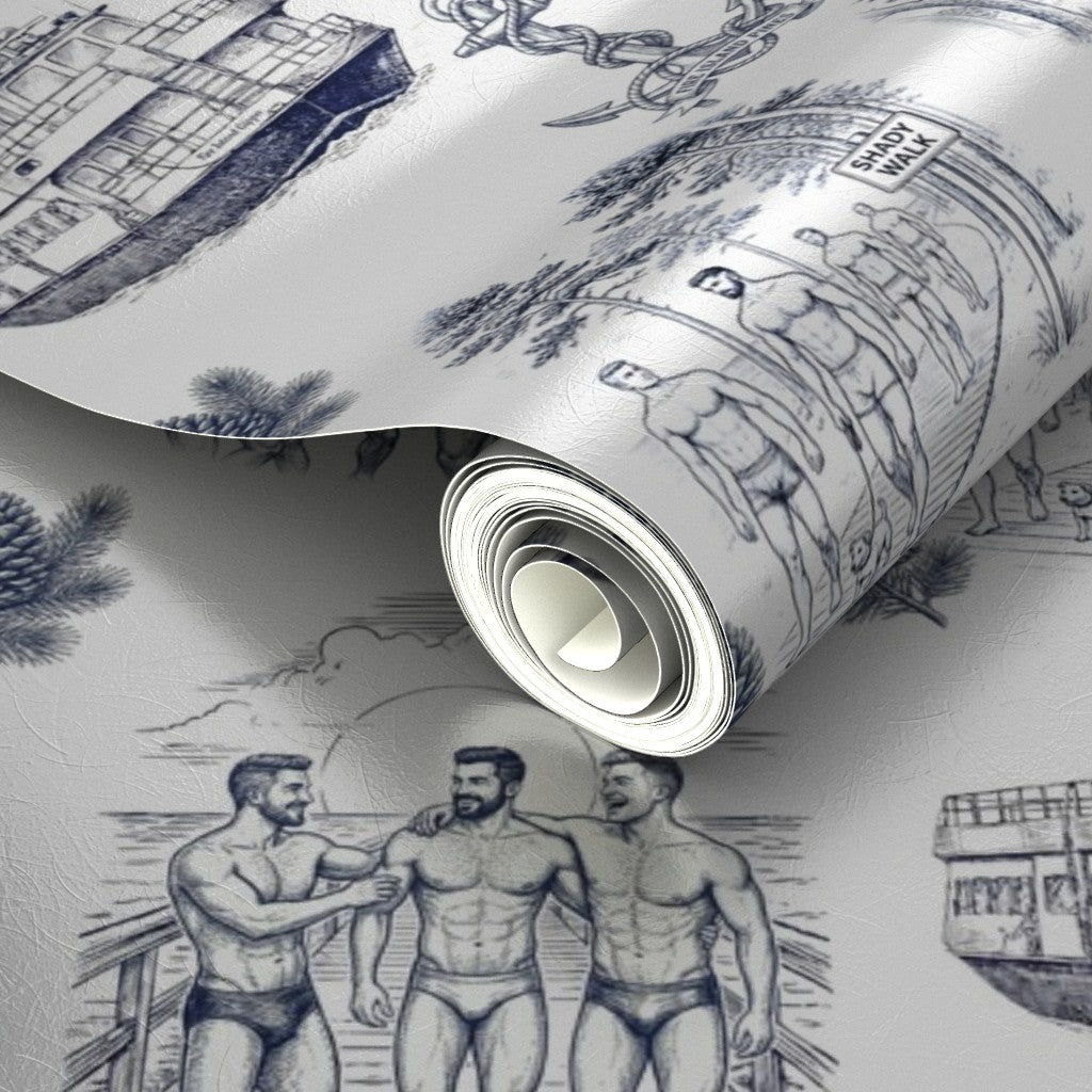Detailed perspective of the custom coastal print with beach boardwalks and ferry.