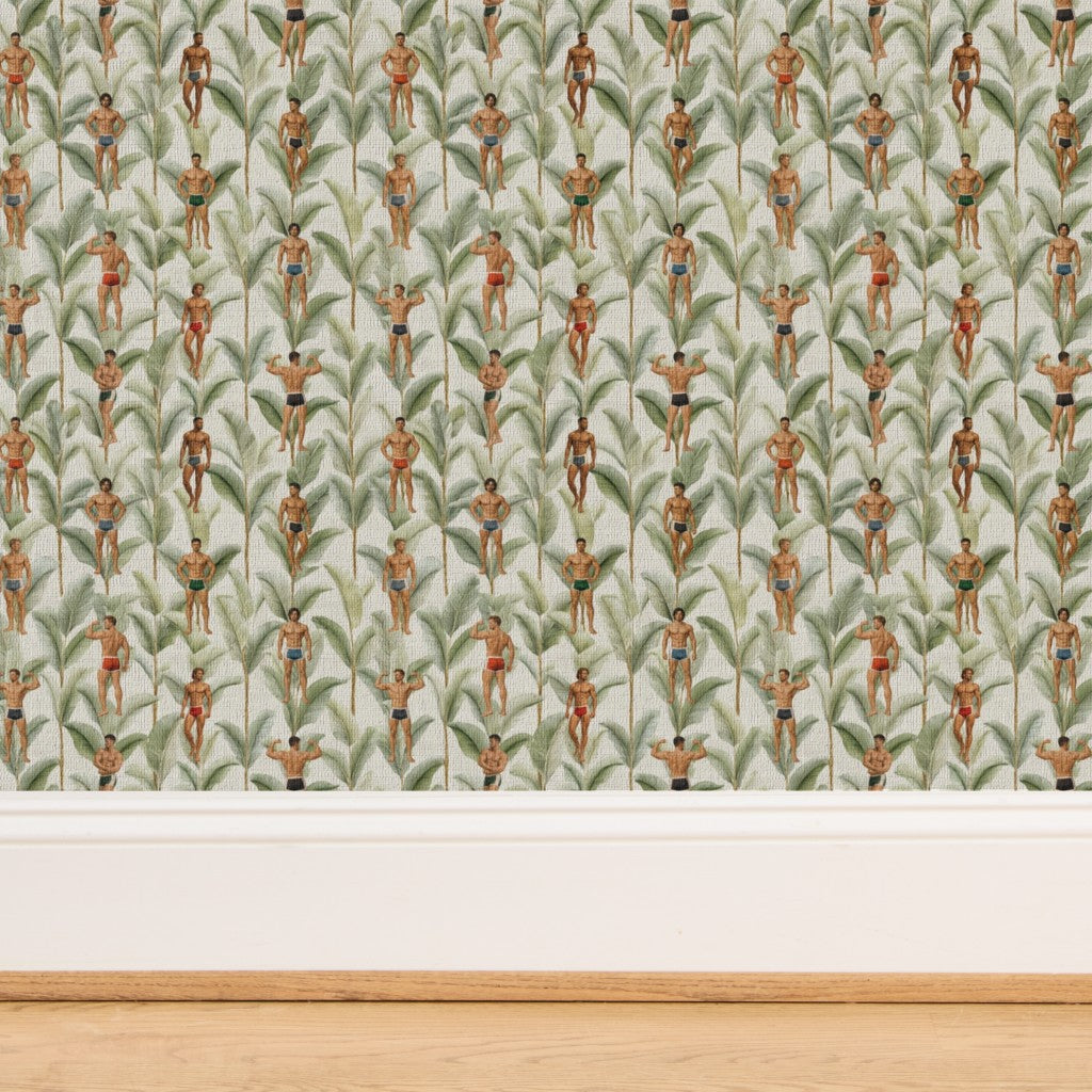 Detailed look at the pearlescent finish of the metallic Palm Beach Apollo wallpaper substrate.