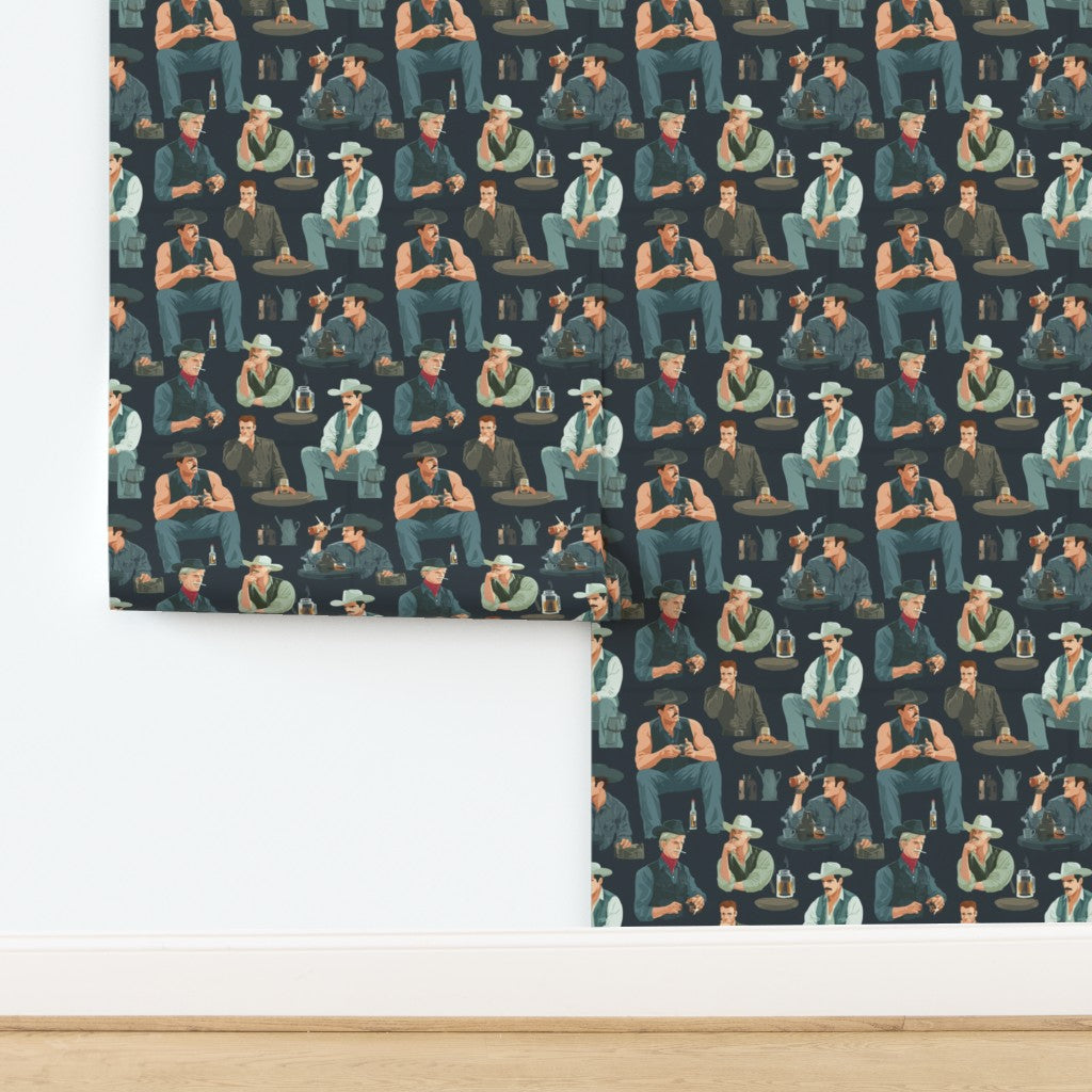 Full repeat pattern view of the gunmetal gray Dusty Trail Reverie western wallpaper design.
