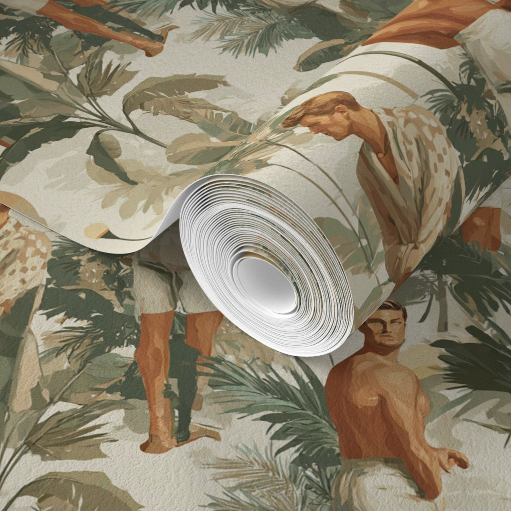A close-up segment of the scenic wallpaper pattern highlighting the sand-toned background.