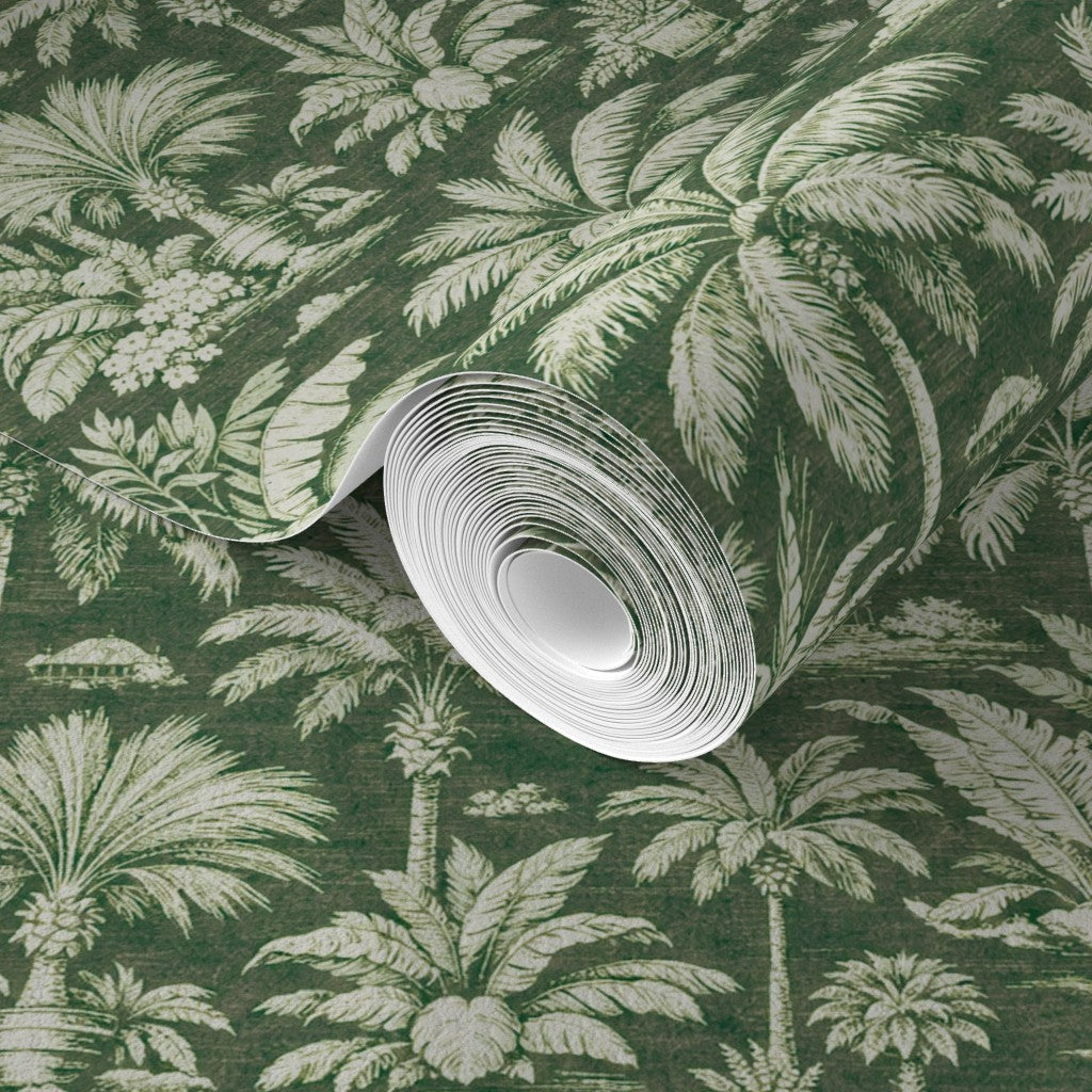 Detailed repeat pattern of Green Palmy Weather wallpaper.