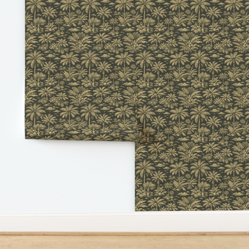 Palmy Weather wallpaper in Amber colorway showing detailed palm trees and soaring birds.
