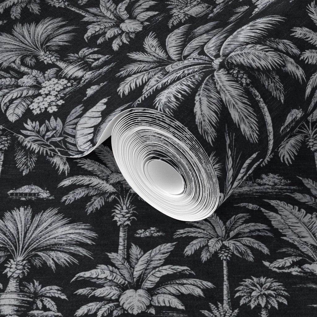 Detailed view of the exotic gazebo and palm motifs on Black Palmy Weather wallpaper.