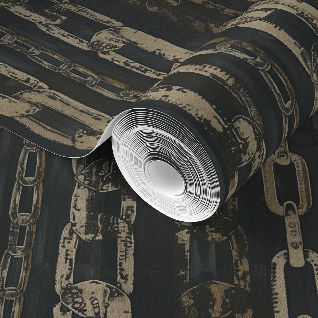 Close-up of Patina Chains bronze wallpaper texture, displaying detailed metallic detailing.