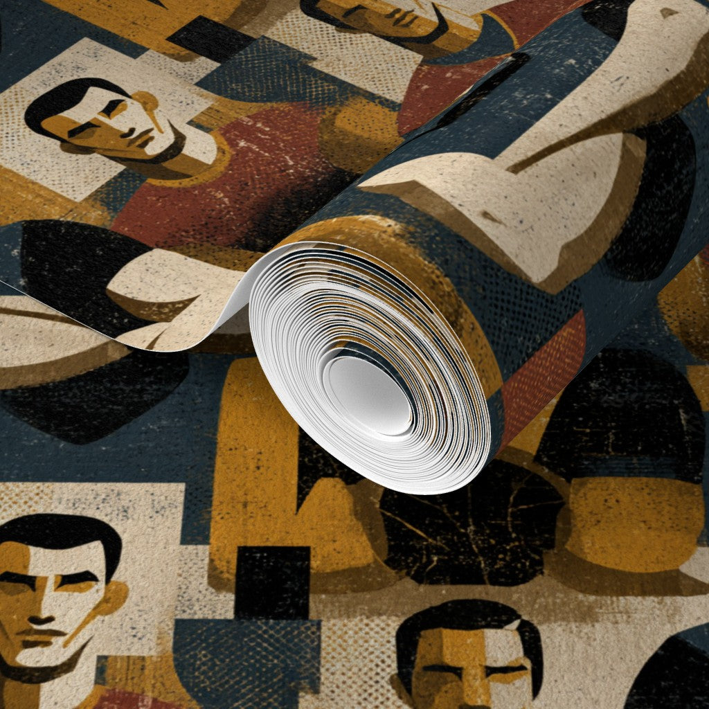Sample swatch of the athletic grid designer wallpaper in vintage taupe and slate tones.