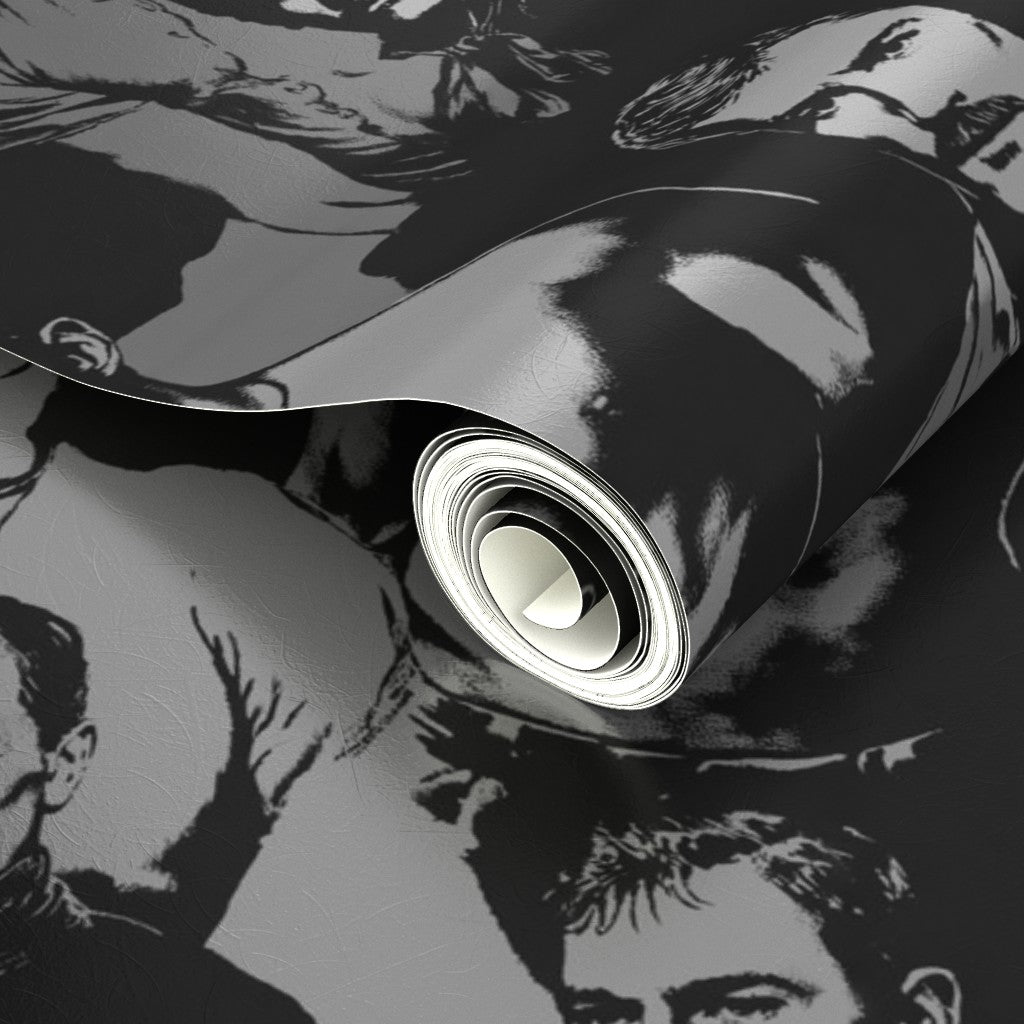 Monochrome graphic portrait wallpaper rolls showcasing premium edge alignment
