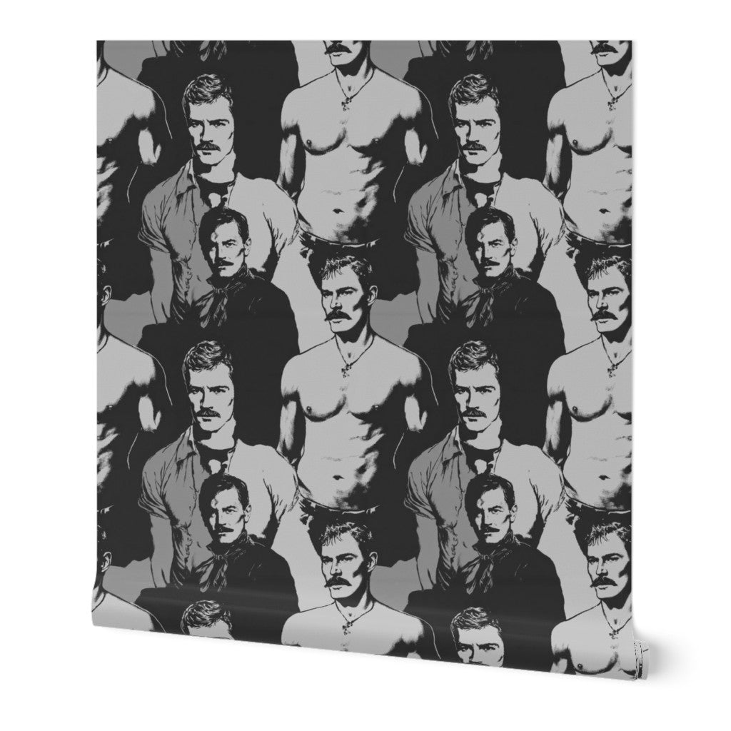 Repeating vintage gentleman portrait wallpaper pattern in monochrome black and white