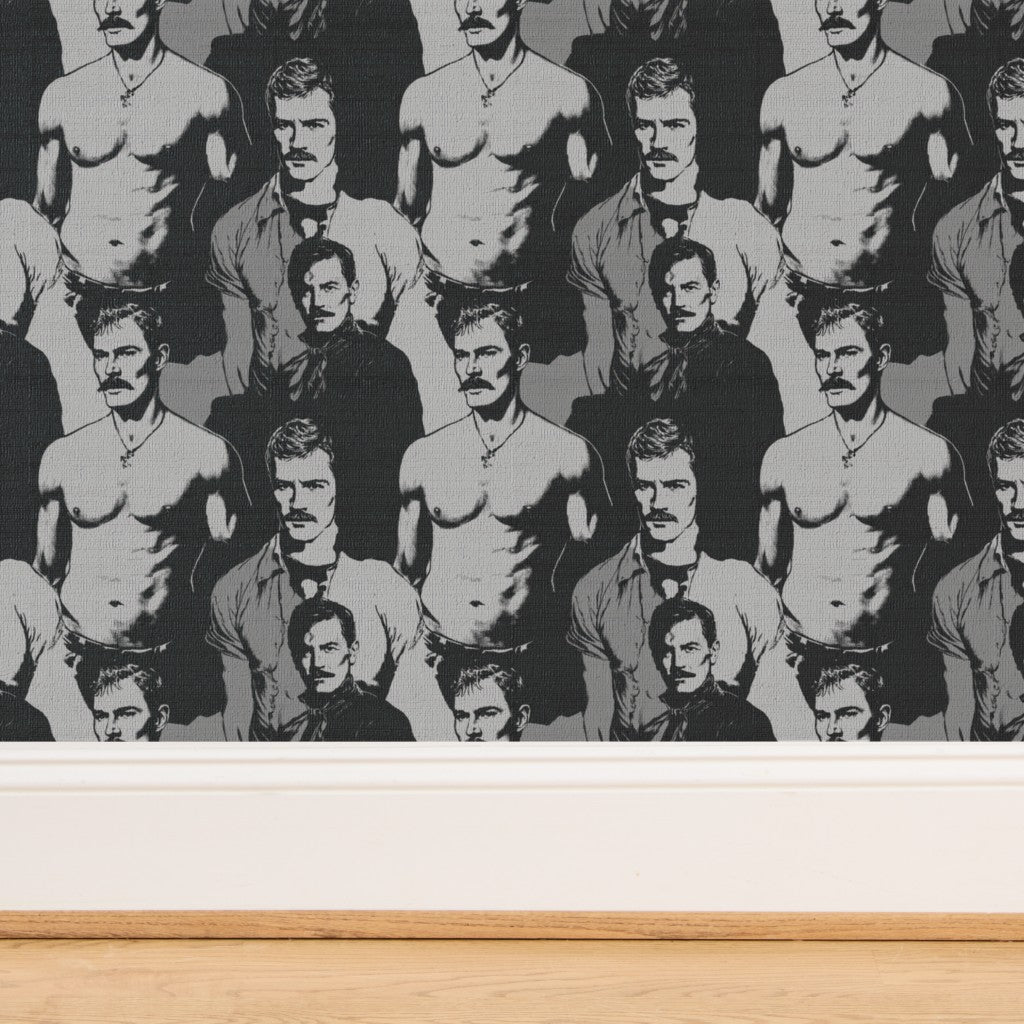 Tailored gentleman portrait wallpaper print detailing the sophisticated repeating motif