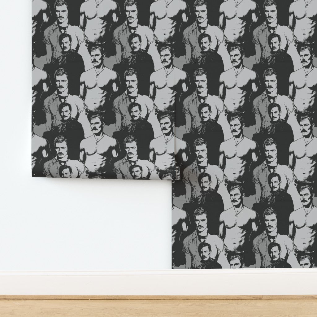 Close-up of graphic gentleman portrait design on premium matte non-pasted wallpaper