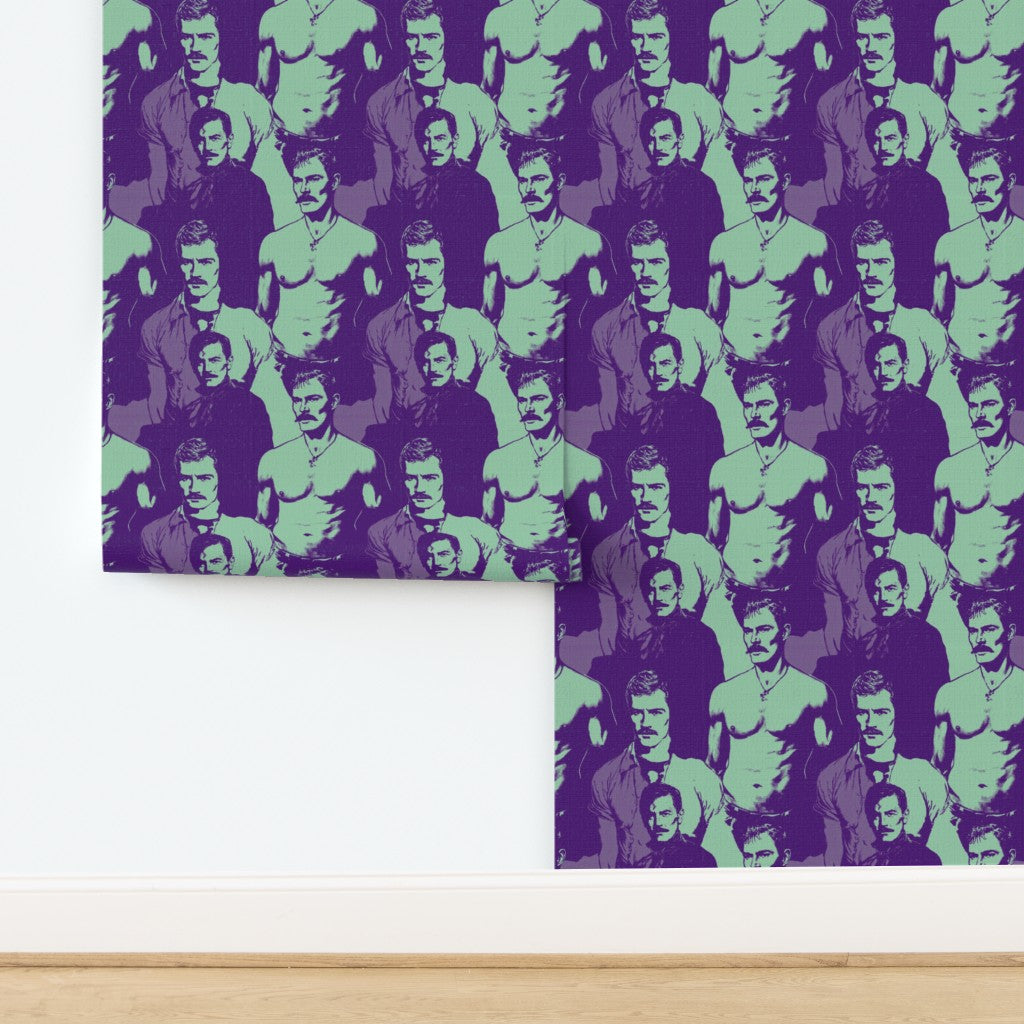 Roll of purple and green gentleman motif wallpaper showcasing edge details