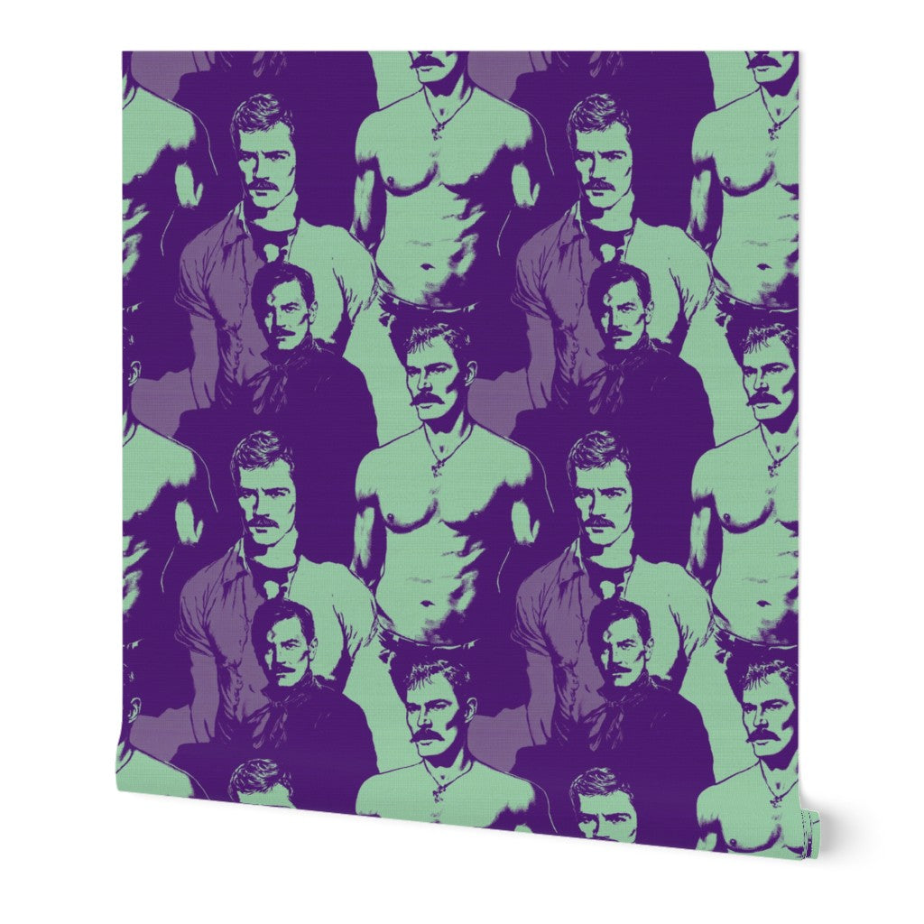 Purple and Mint colorway wallpaper roll featuring retro gentleman graphics