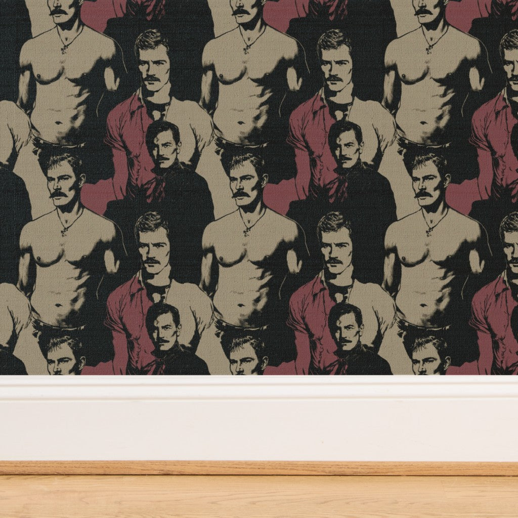 Warm crimson dapper gentleman motif wallpaper rolls grouped together