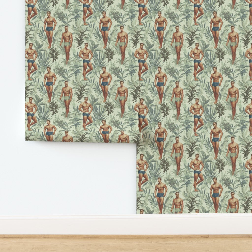 Detailed view of the rich green palm leaves and characters in the Palm colorway.