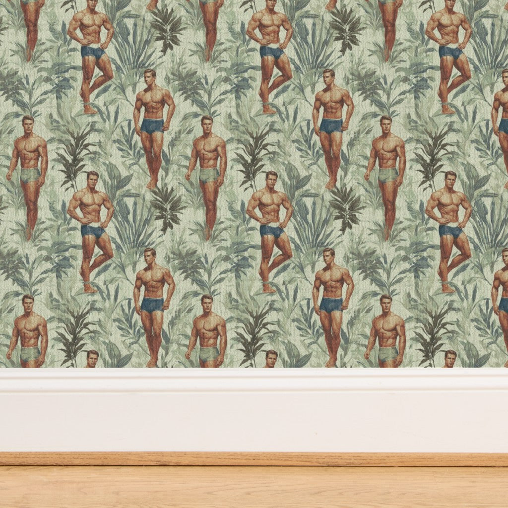 Close-up of the green pigments and print details on Palm wallpaper.