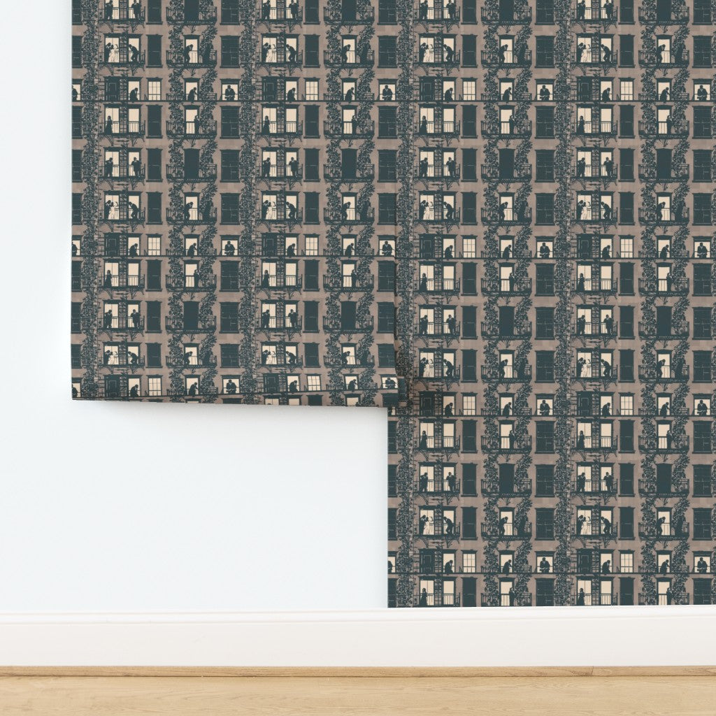 Village Windows Architectural Wallpaper in the sophisticated earth-toned Taupe.