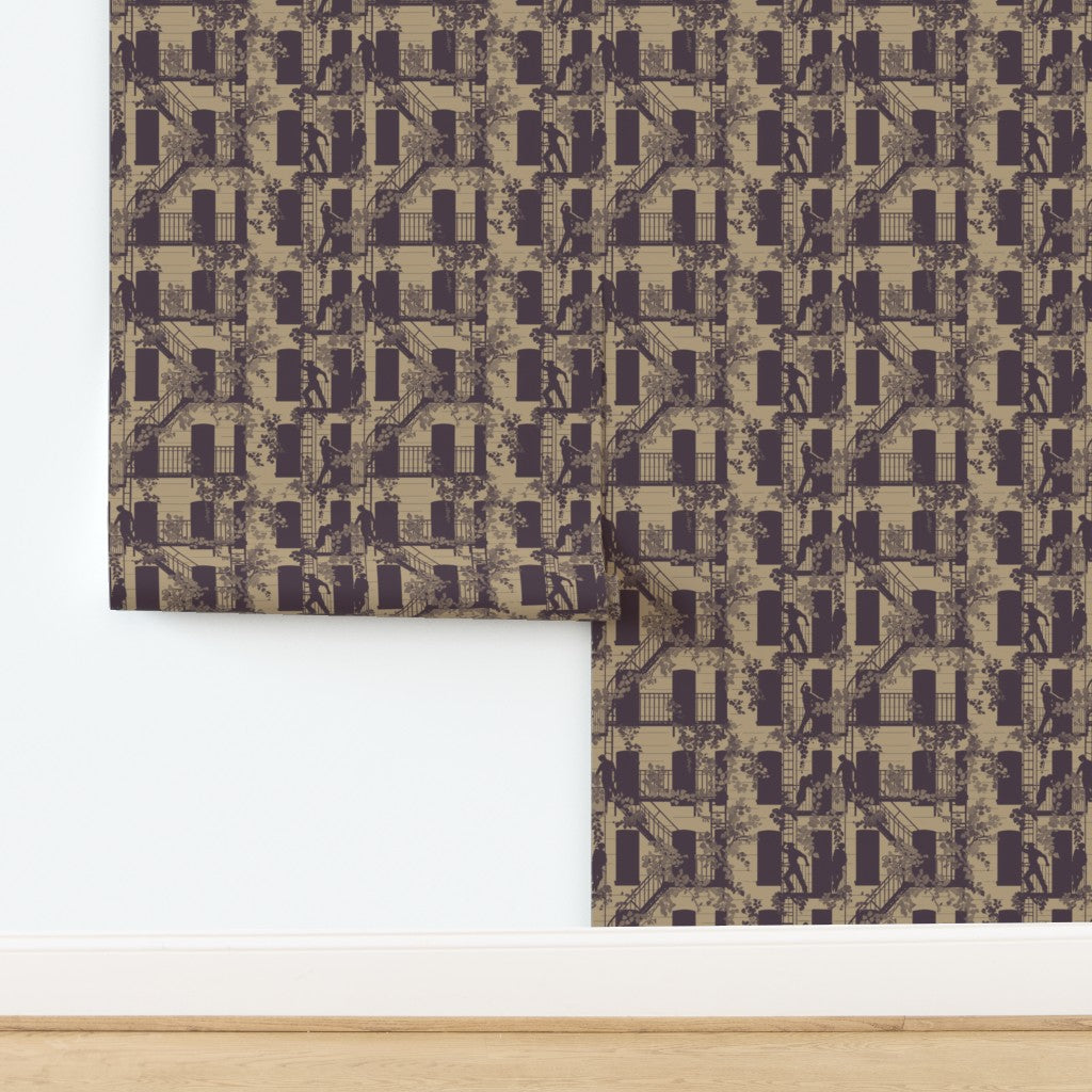 Close-up detail of the Greenwich Village street scene narrative wallpaper pattern in Bronze.