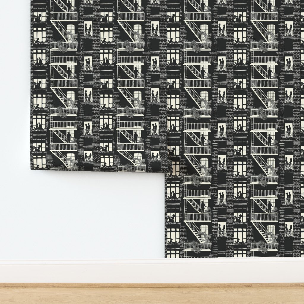 Graphic repeat pattern of Tex in the City wallpaper featuring urban windows and cowboy figures