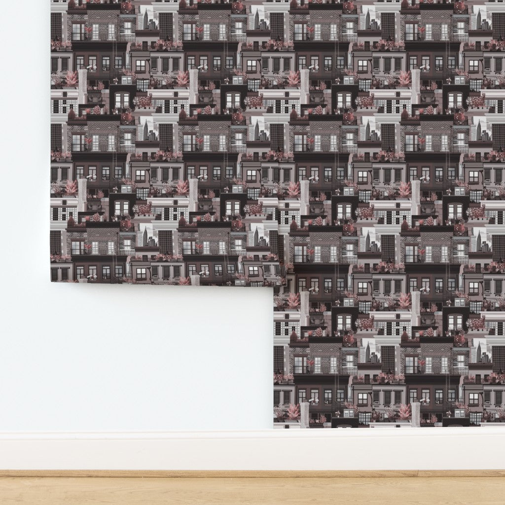 Oxblood colorway swatch of West Village Rooftops wallpaper.