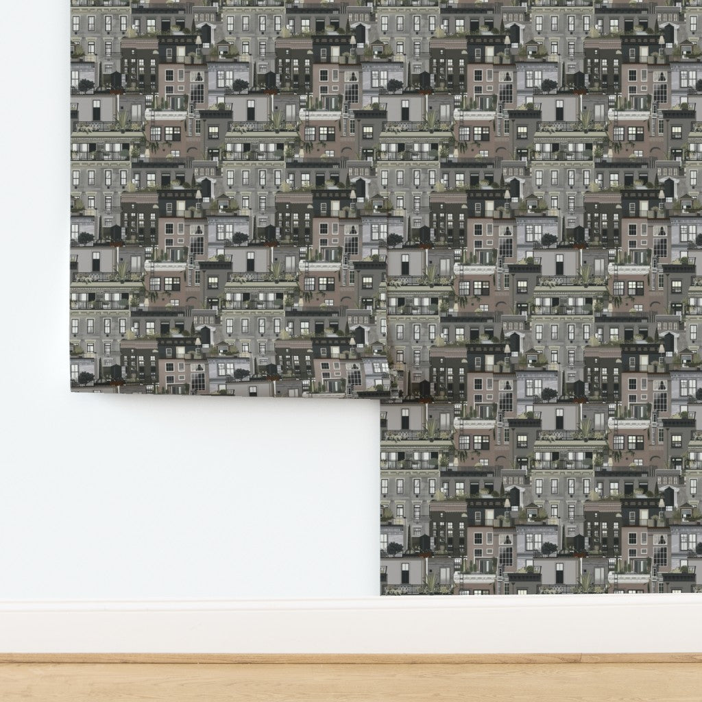Planted Terraces wallpaper in Grey colorway, featuring trailing botanical vines and balcony garden design.