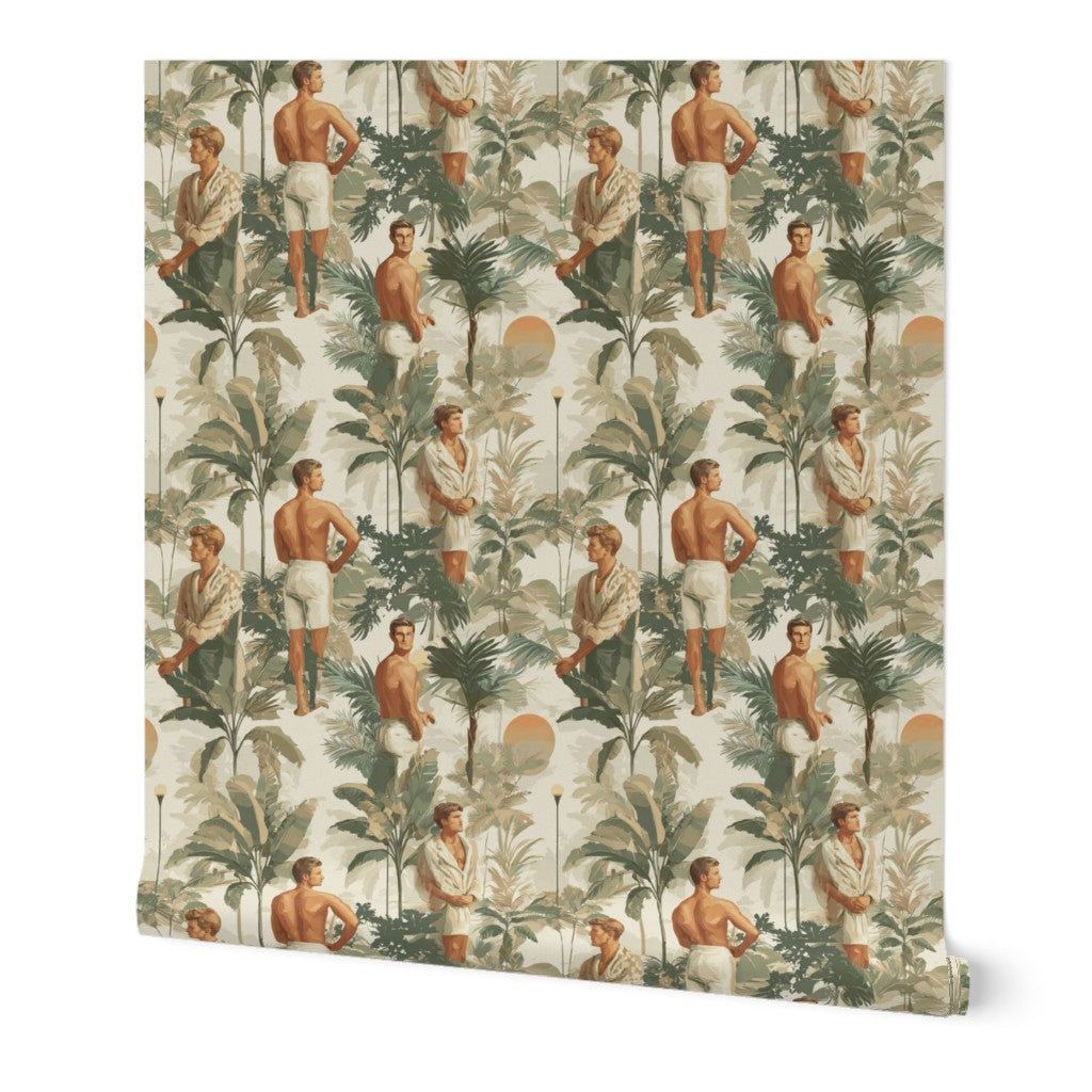 Coastal Gentleman's Retreat Wallpaper in Sand colorway with stylized figures and tropical foliage.