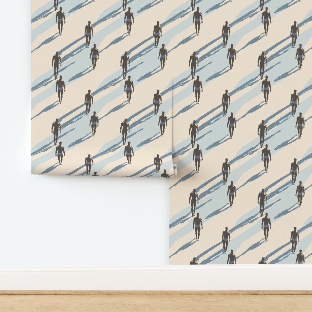 Close-up detail of the Aegean Shadow minimalist wallpaper pattern showing the swimmer motif.