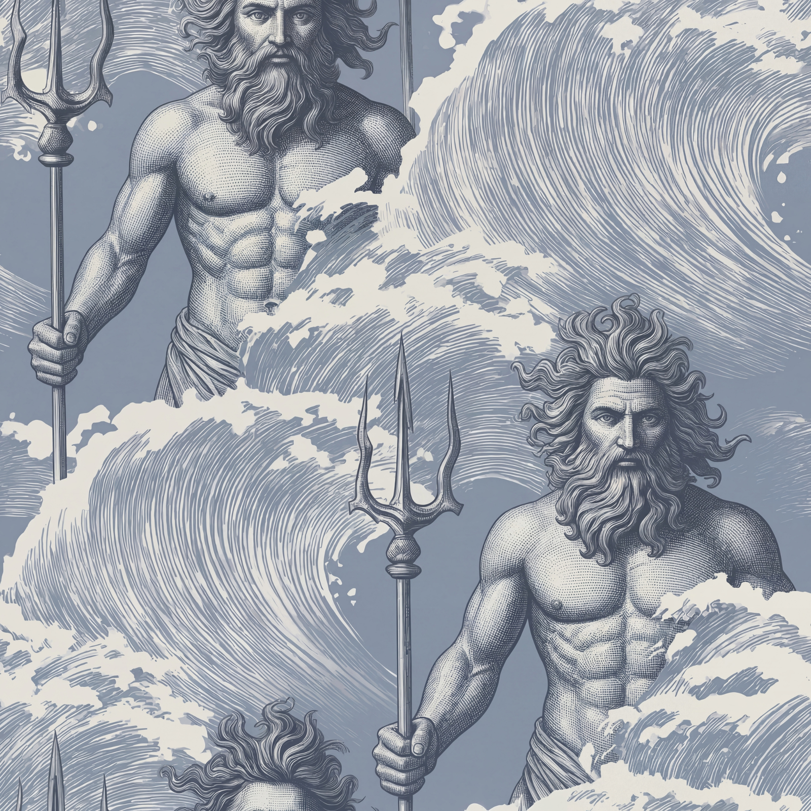 Scale illustration and roll measurements for the Neptune classical wallpaper in Mist.