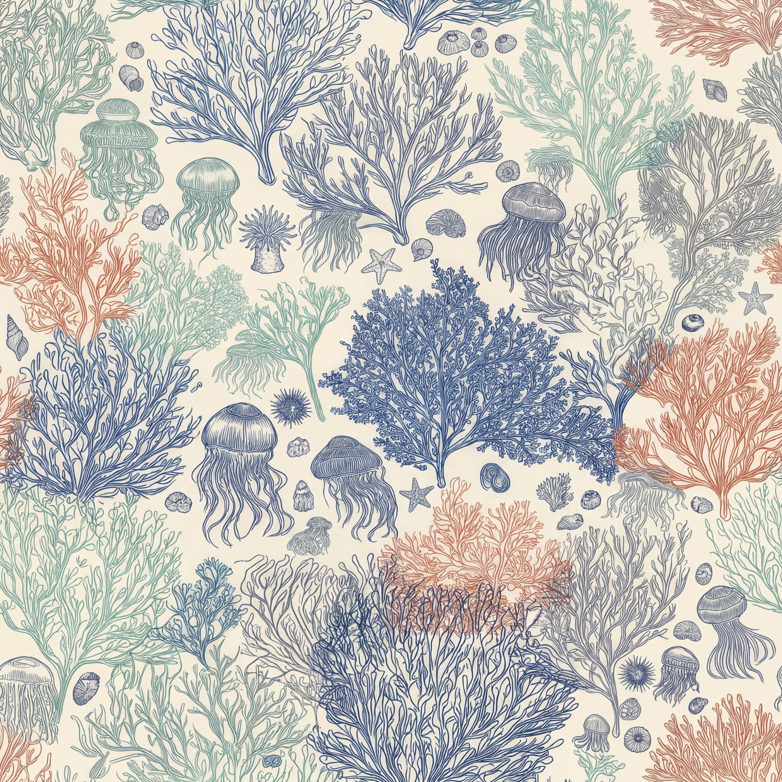 Full repeat pattern of Jelly Reef wallpaper in the warm neutral Sun Bleached colorway.