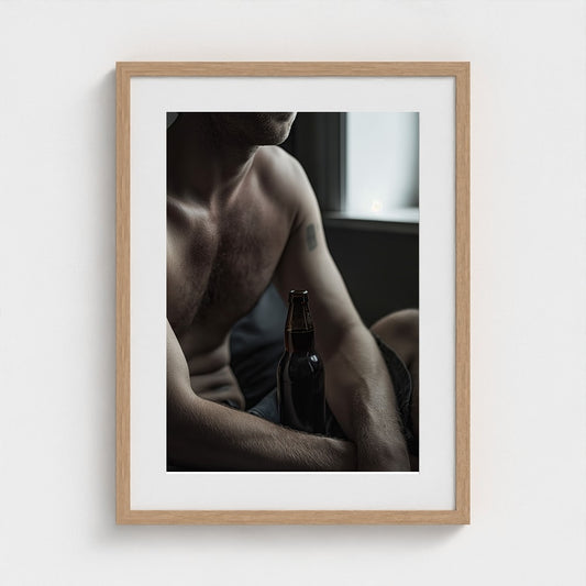 Contemplative Male Portrait with Dark Glass Bottle