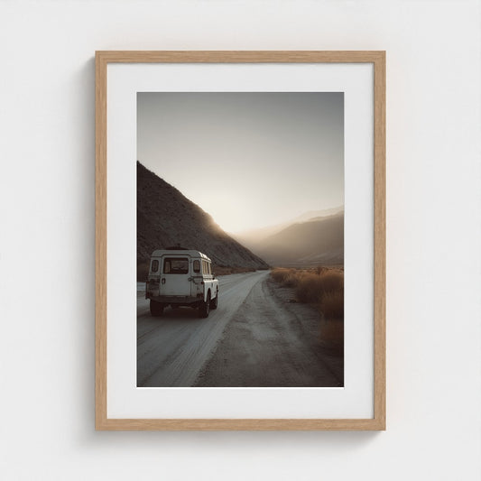Vintage Vehicle on Desert Road Minimalist Landscape