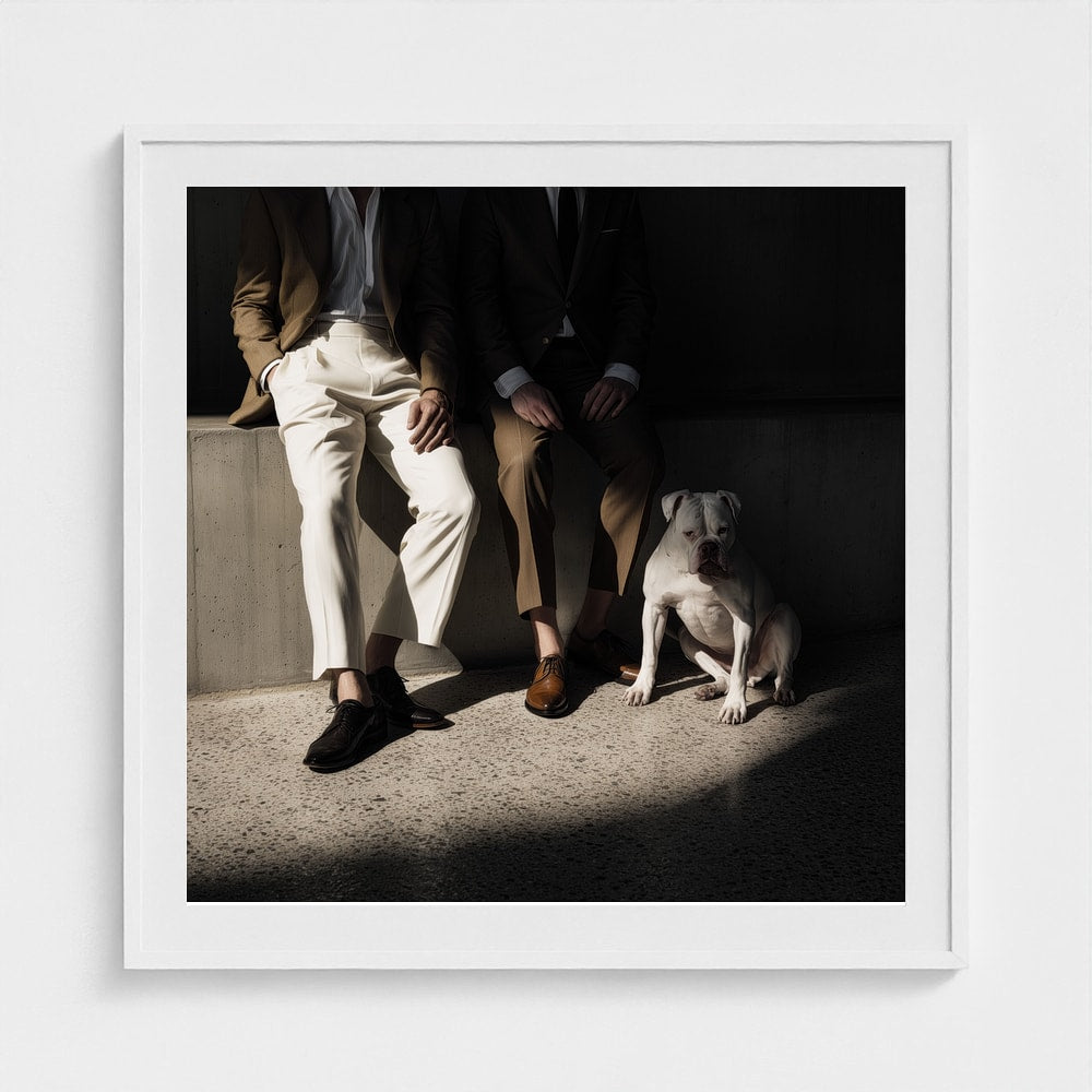 Contemplative Portrait of Two Men and Dog on Concrete