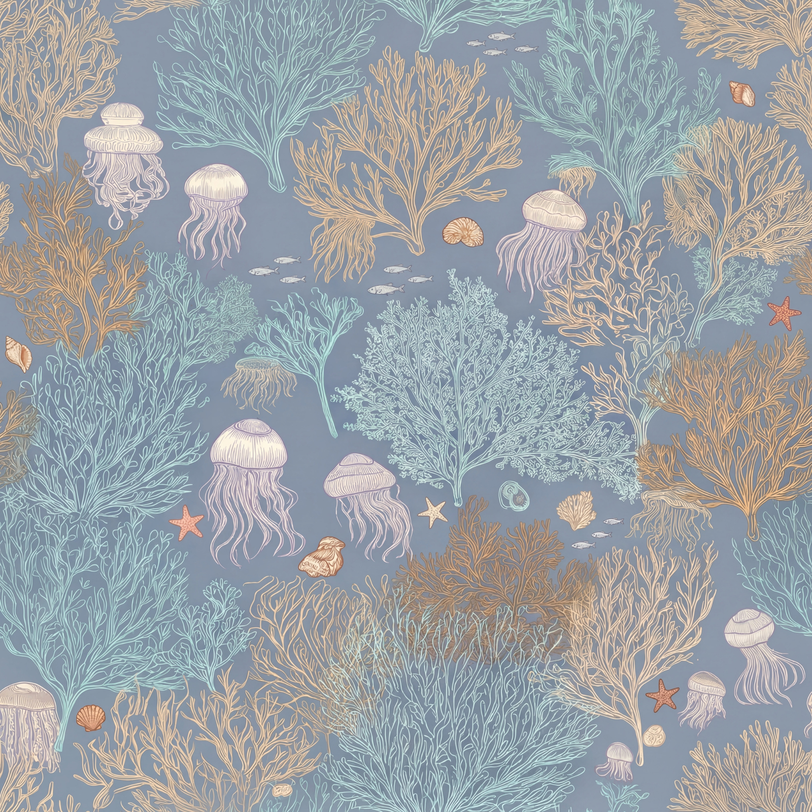 Full pattern repeat of Jelly Reef wallpaper in the moody Marina Blue colorway.