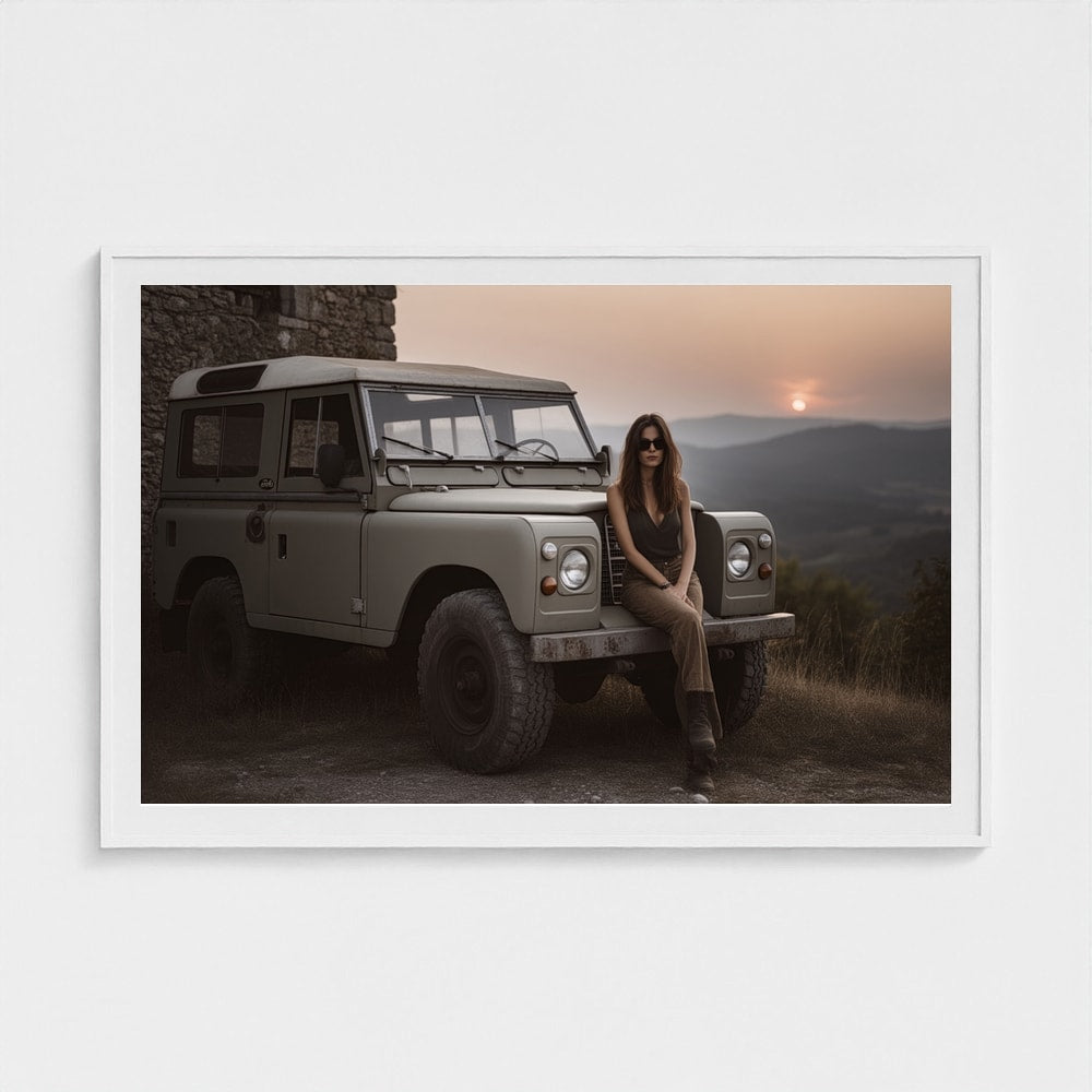 Woman on Land Rover at Sunset in Khaki Tones