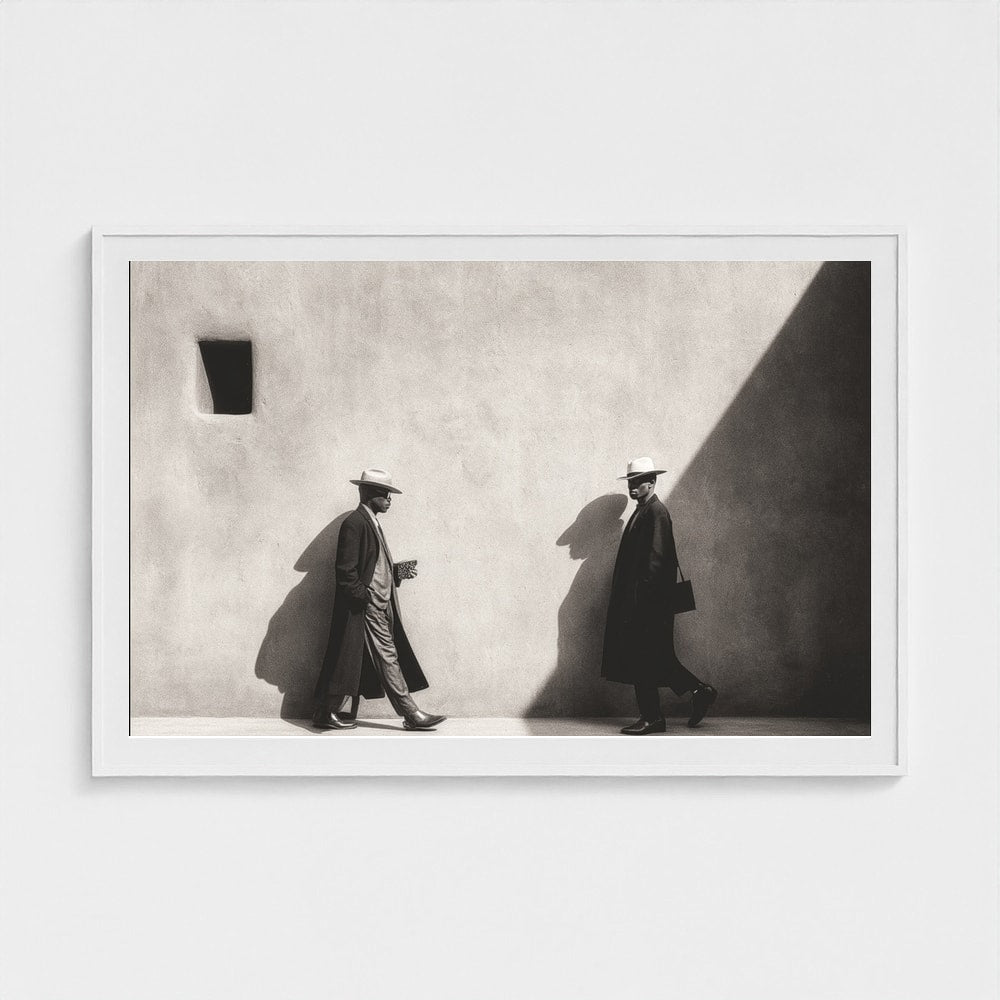 Two Men in Shadowed Street Scene on Textured Wall