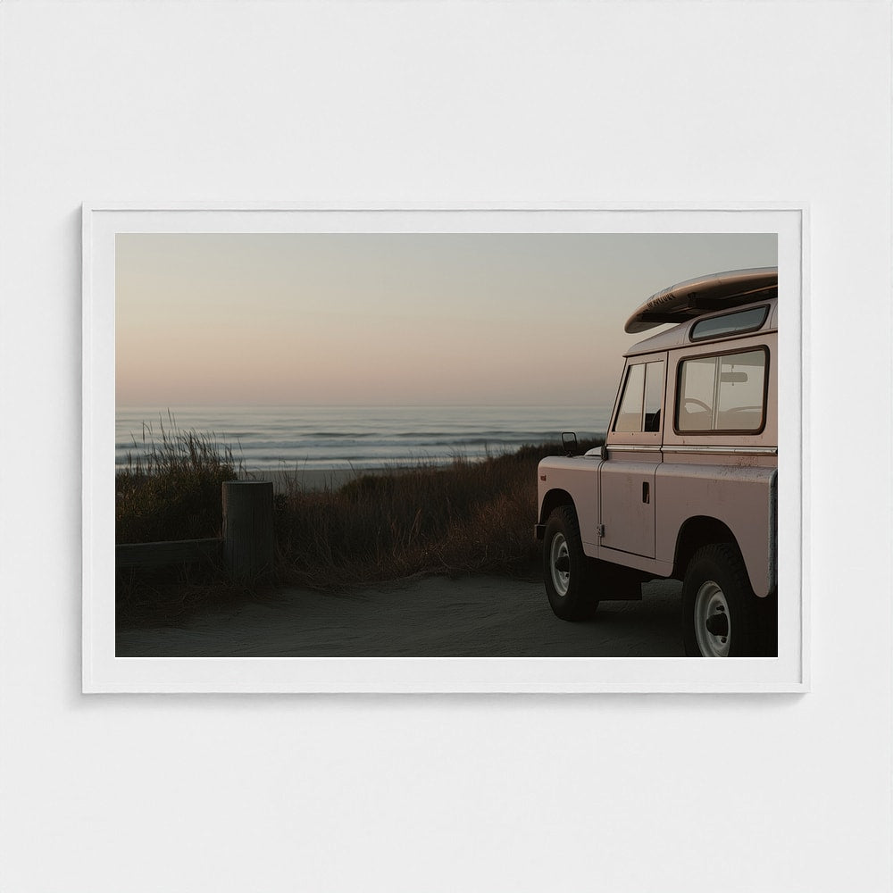 Pink Vintage Beach Vehicle at Serene Coastal Sunrise