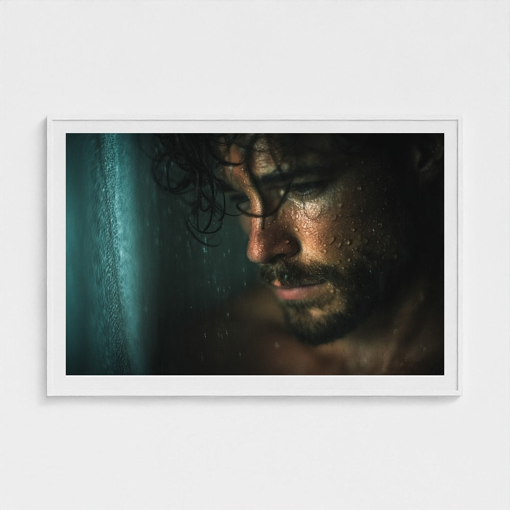 Contemplative Shower Portrait in Soft Grey Tones