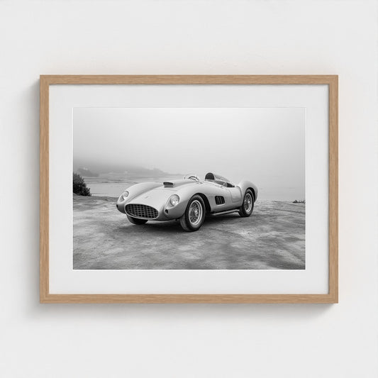 Silver 1957 Ferrari Spider in Foggy Minimal Landscape