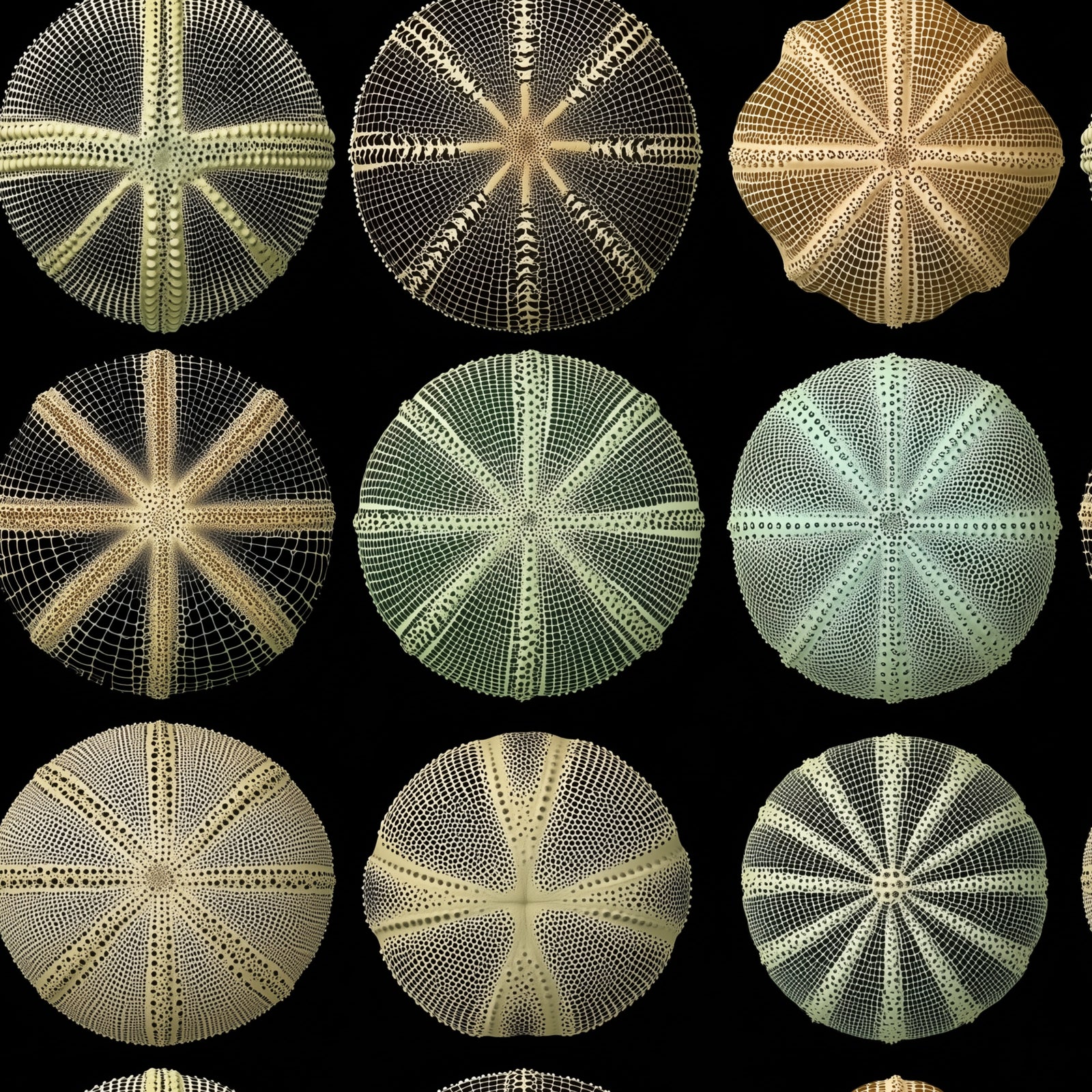 Full pattern repeat of the Sea Urchin Study wallpaper design in Midnight.