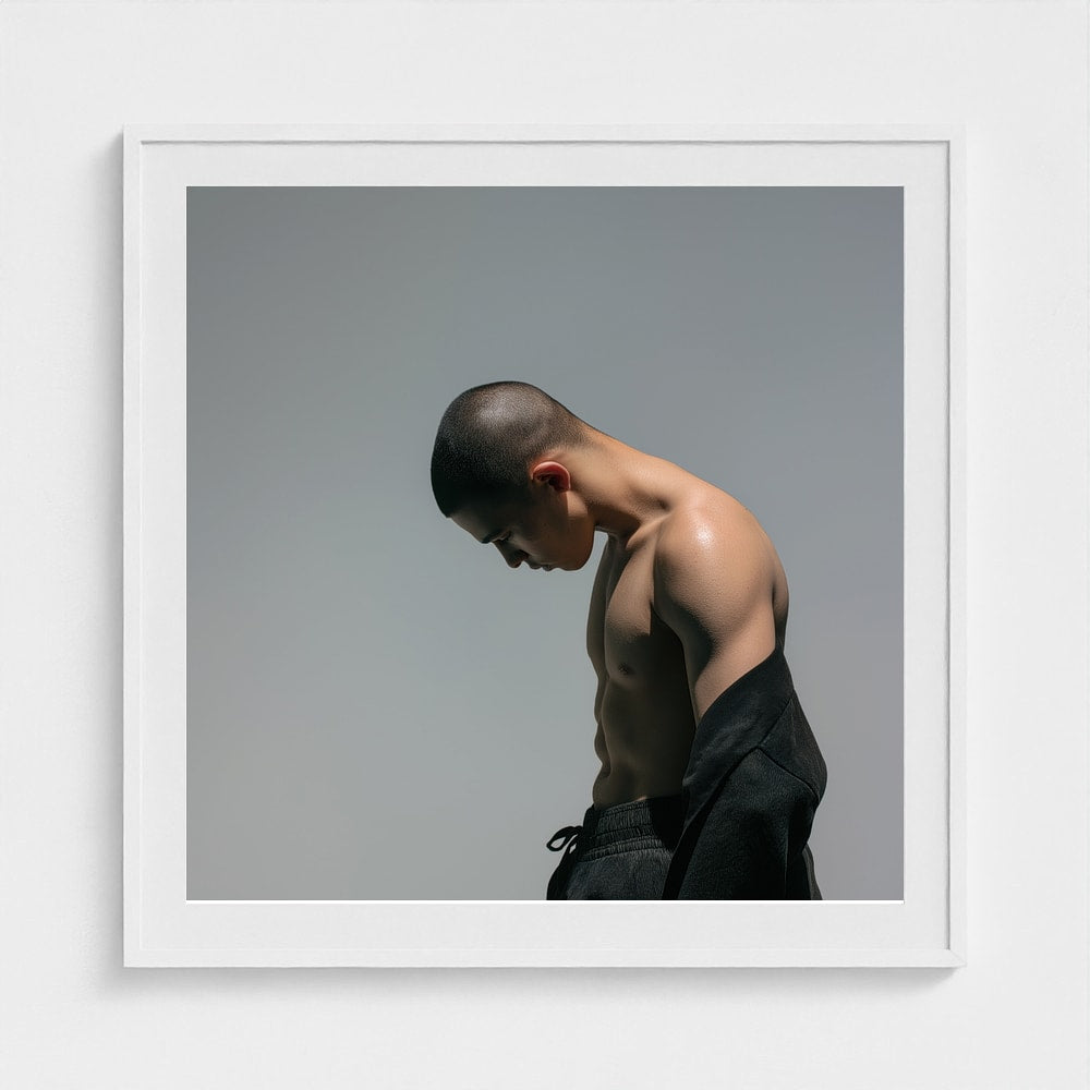 Contemplative Male Torso Portrait in Soft Gray Tones