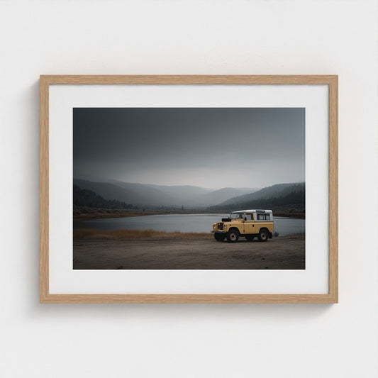 Yellow Land Rover by Misty Lake in Soft Grey Tones