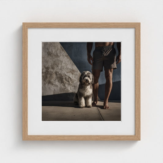Man and Dog Portrait with Architectural Concrete Wall