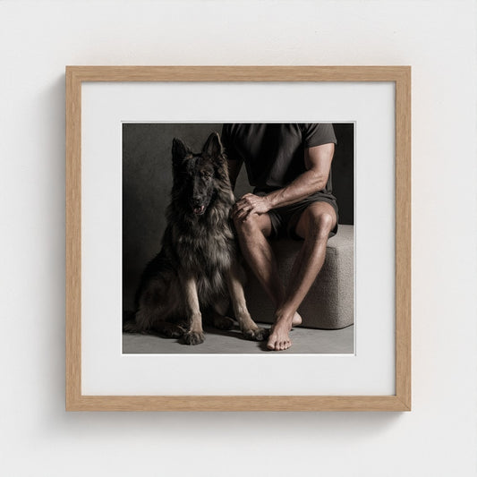 Seated Man With Dog Portrait in Muted Dark Tones
