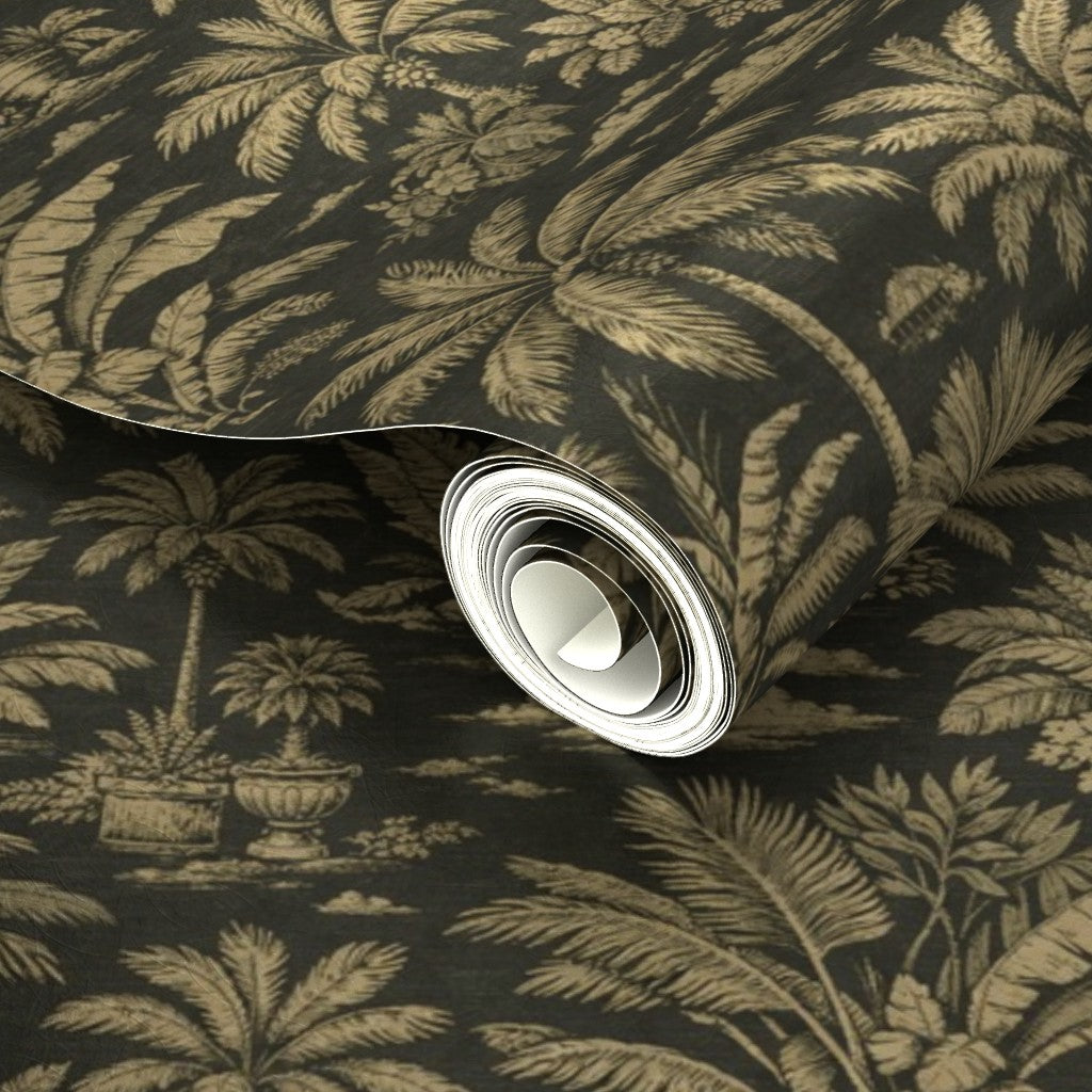 Close-up of the delicate metallic shimmer on Amber Palmy Weather wallpaper.
