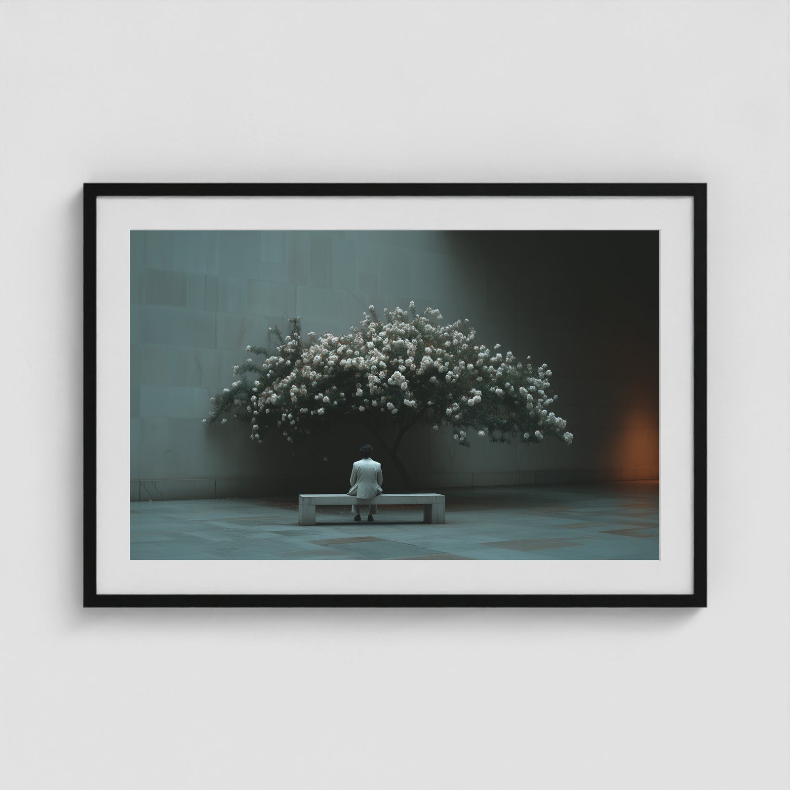 Bench Blossom 36x24 Black Landscape Box Frame