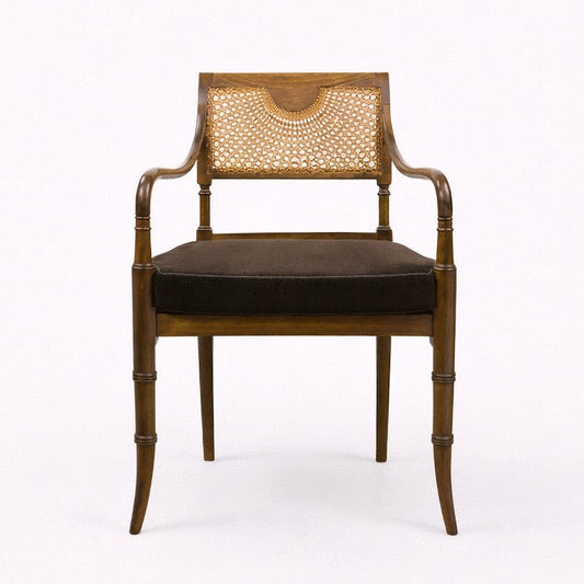 Wooden chair with woven backrest on a white background