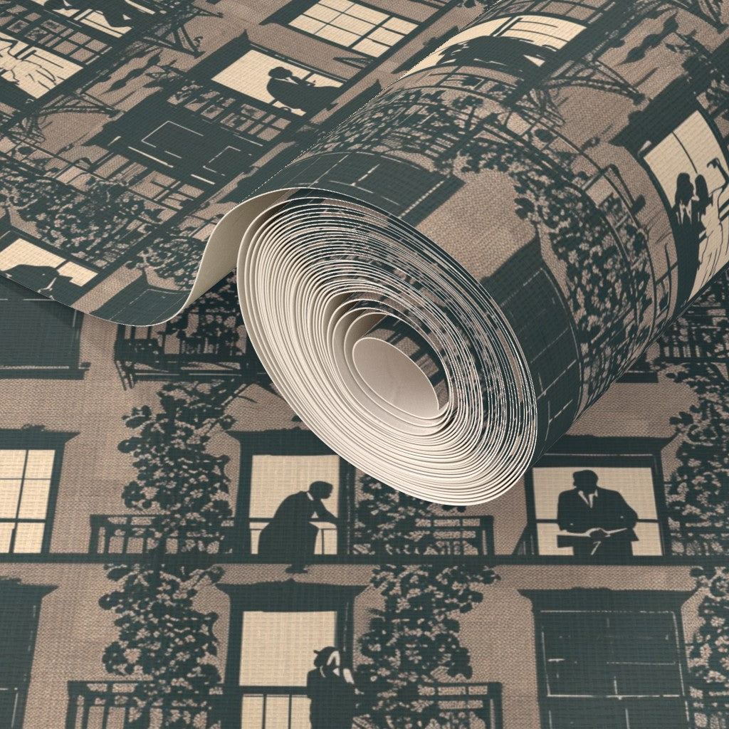Close-up detail showing the texture of Taupe grass cloth wallpaper.