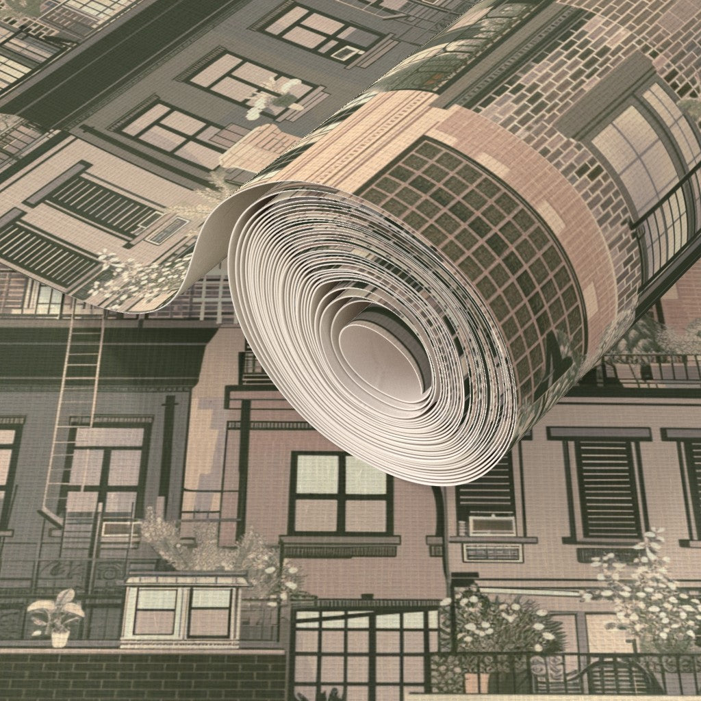Detail view of organic woven grass cloth substrate with the beige architectural print.